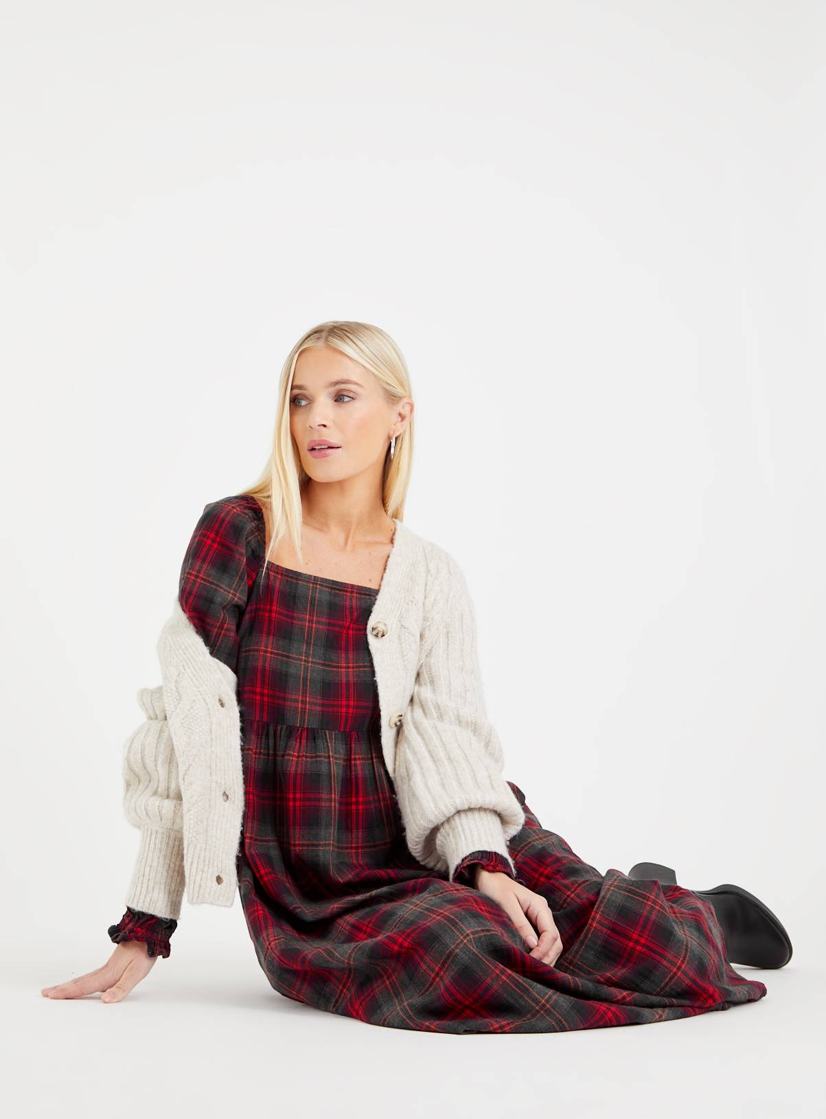 Red Check Puff Sleeve Midi Dress 16 - Image 2